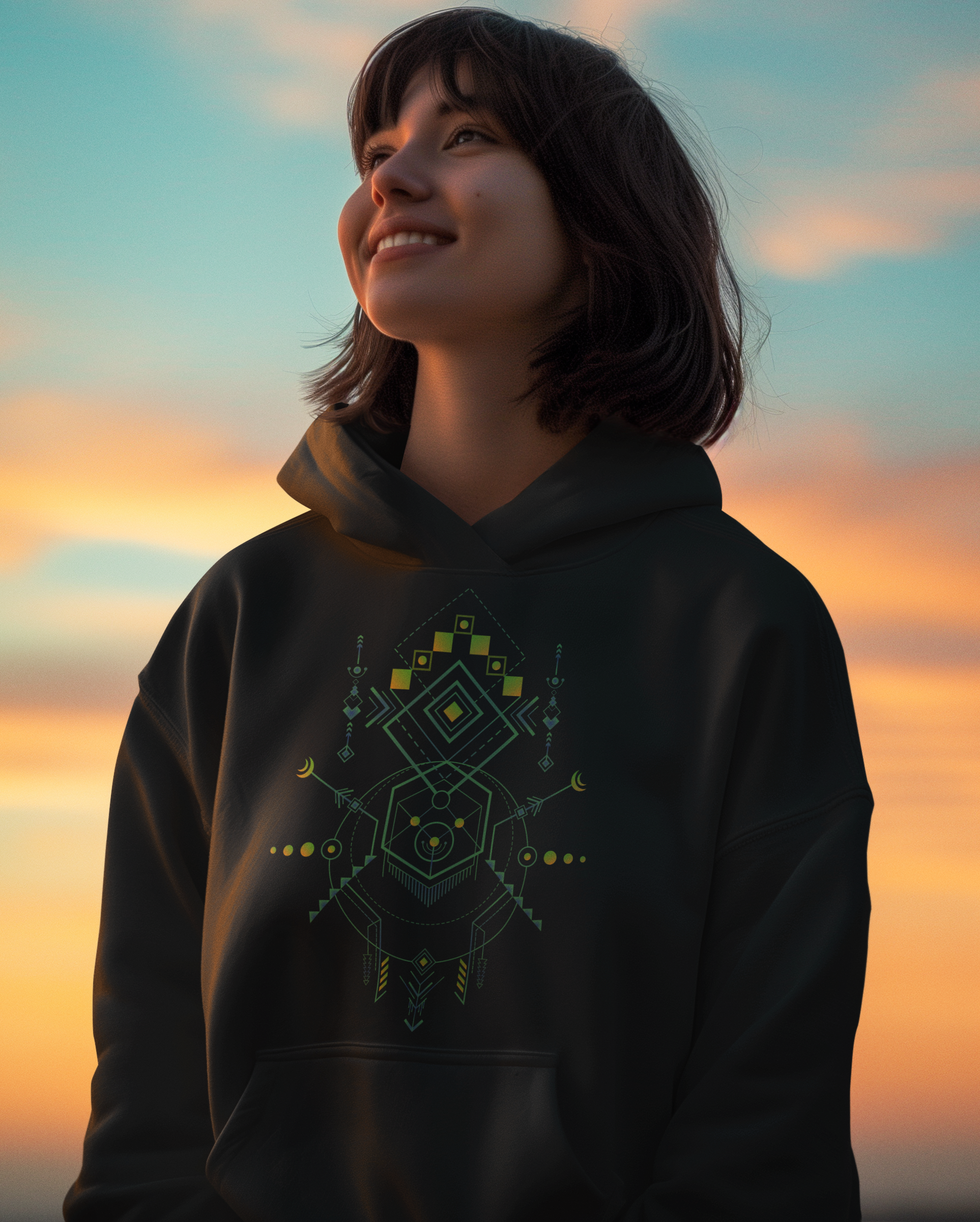 Woman wearing a black t-shirt with a geometric design in a festive outdoor setting