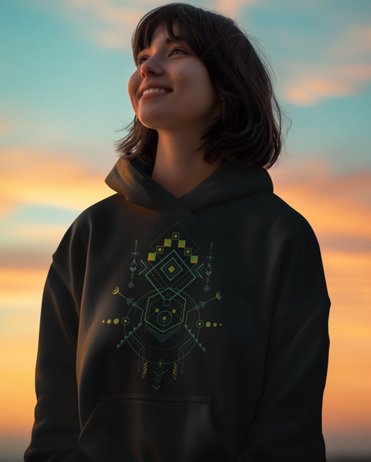 Woman wearing a black t-shirt with a geometric design in a festive outdoor setting