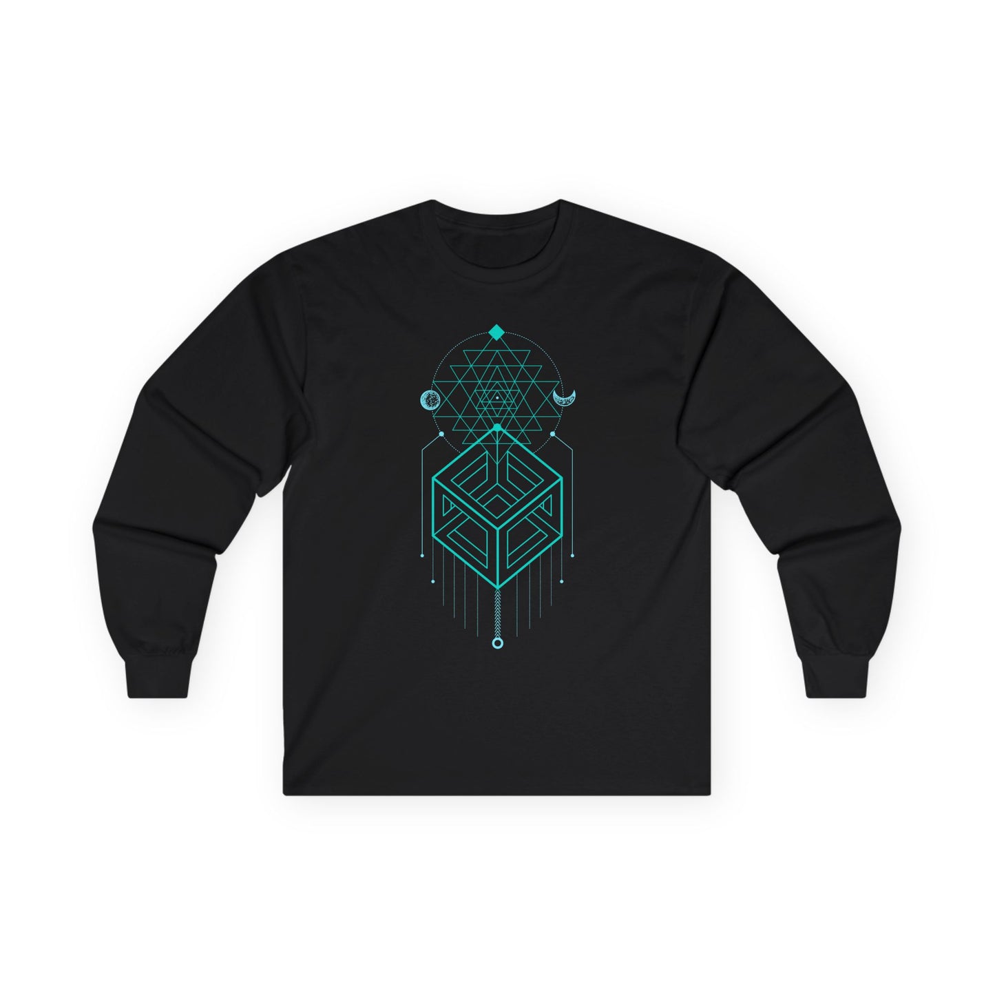 Black long-sleeve shirt with teal geometric design on a white background