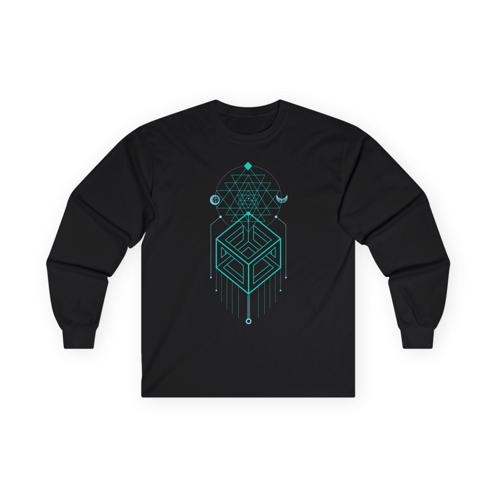 Black long-sleeve shirt with teal geometric design on a white background