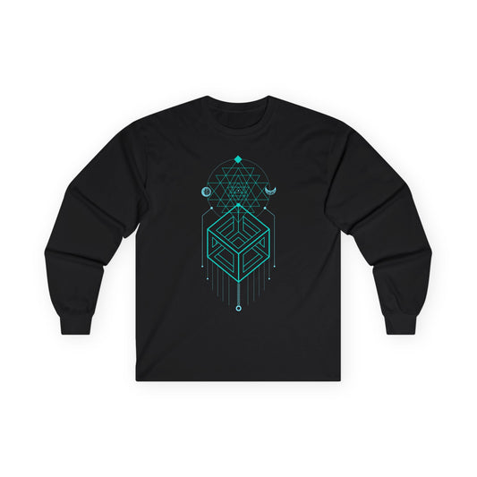 Black long-sleeve shirt with teal geometric design on a white background