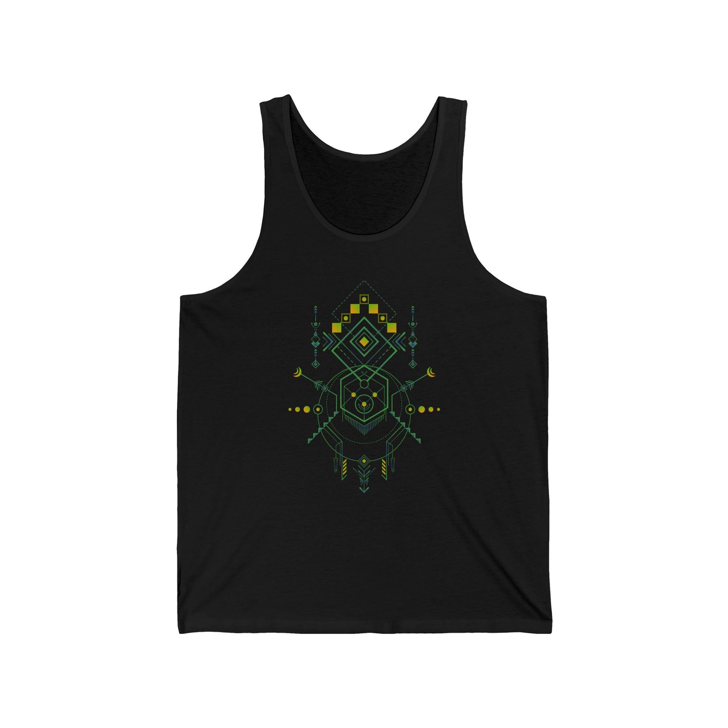Black tank top with green geometric design on a white background