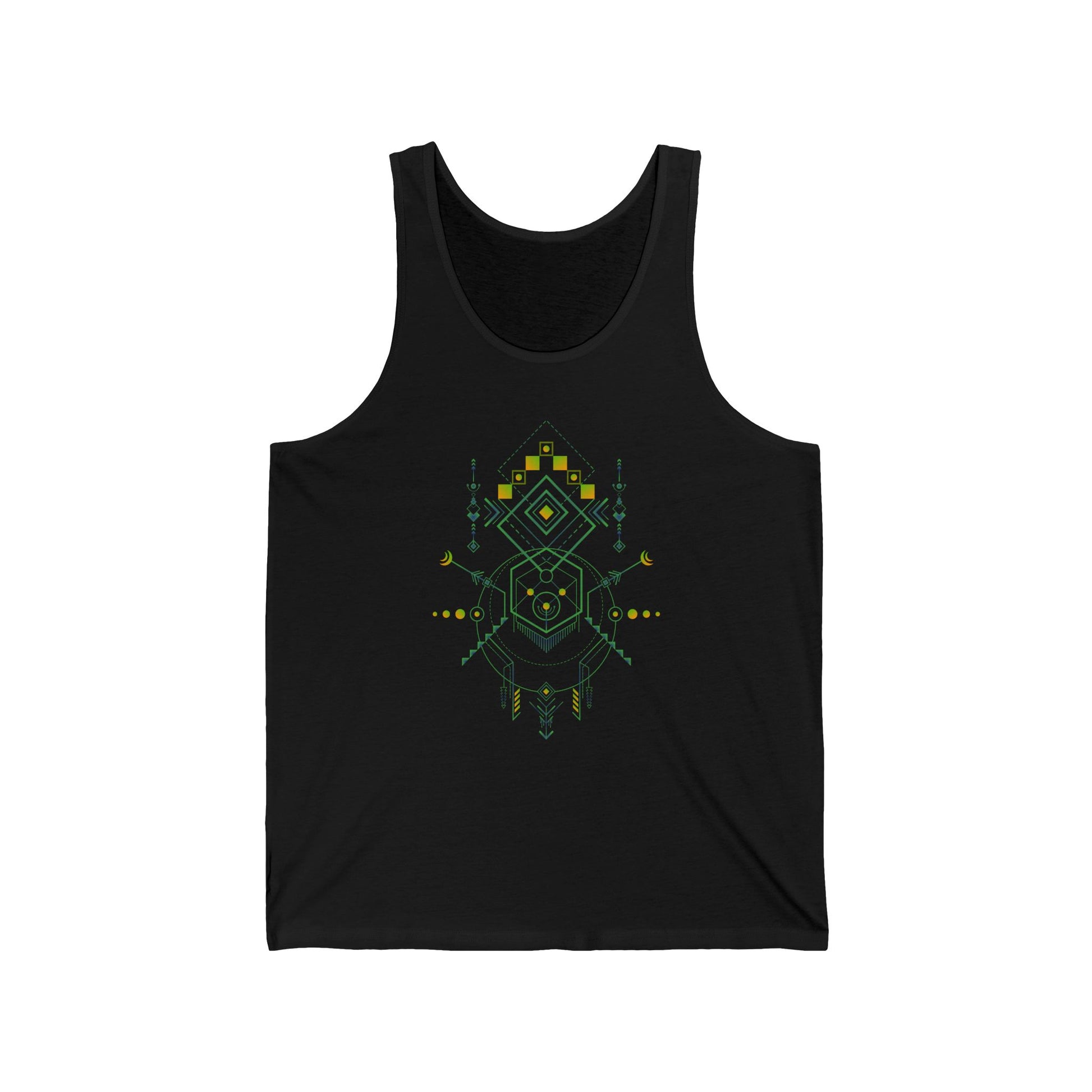 Black tank top with green geometric design on a white background