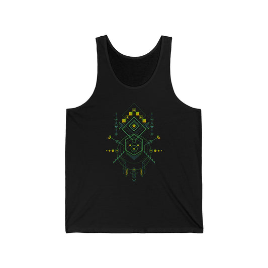 Black tank top with green geometric design on a white background