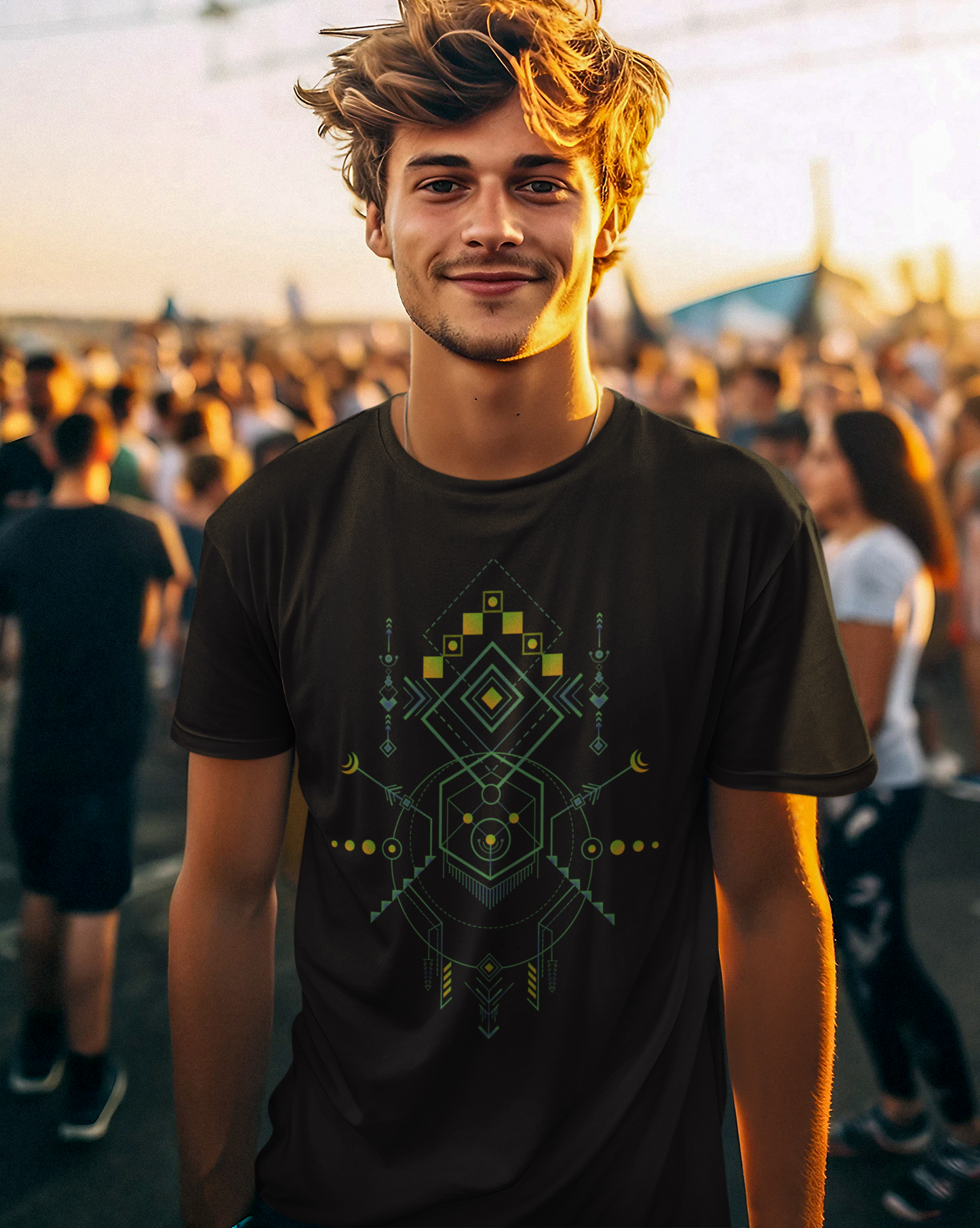 Man wearing a black t-shirt with geometric design at an outdoor event