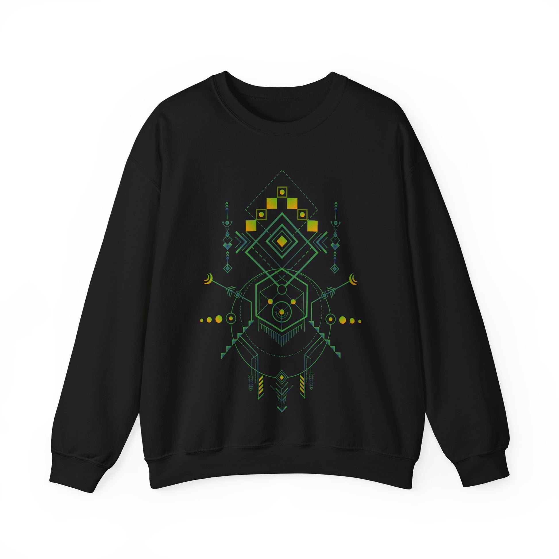 Black sweatshirt with geometric design on a white background