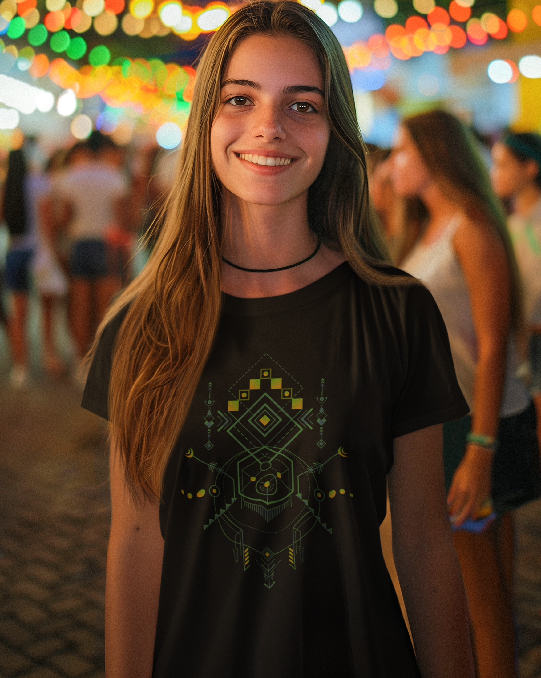 Woman wearing a black t-shirt with geometric design in a festive outdoor setting