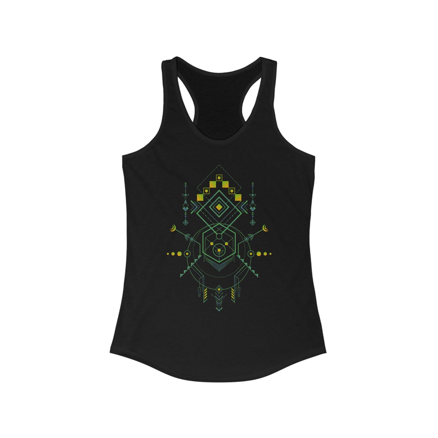 Black tank top with green geometric design on a white background