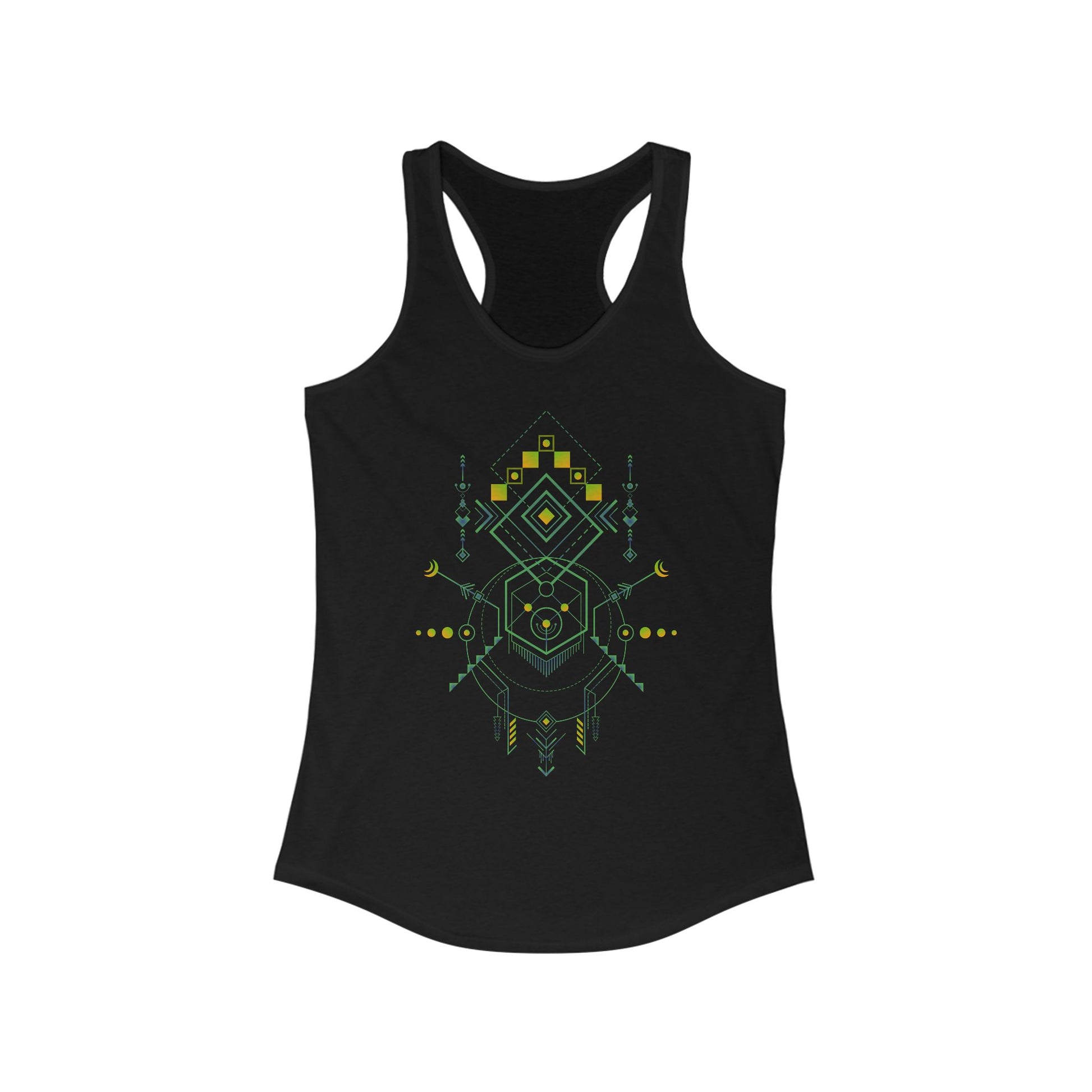 Black tank top with green geometric design on a white background