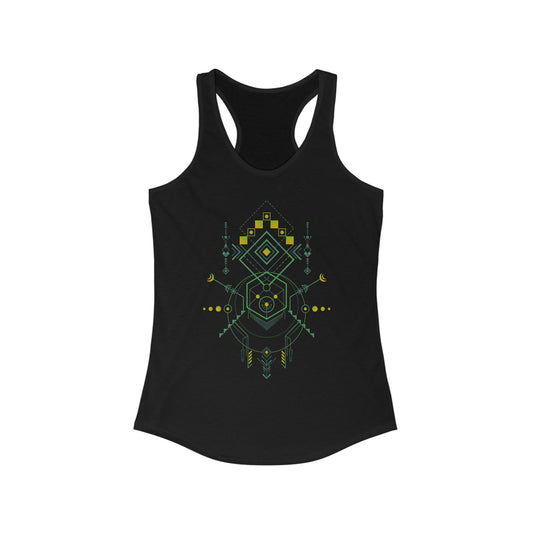 Black tank top with green geometric design on a white background
