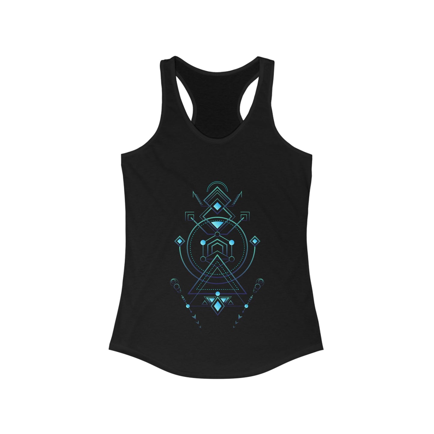 Black tank top with blue geometric design on a white background