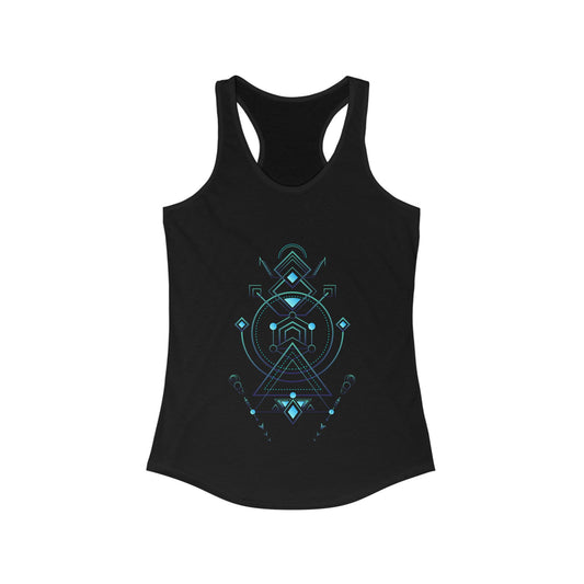 Black tank top with blue geometric design on a white background