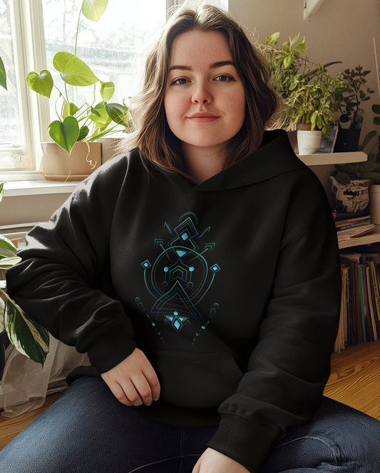 Person wearing a black hoodie with a blue geometric design, sitting indoors with plants in the background.