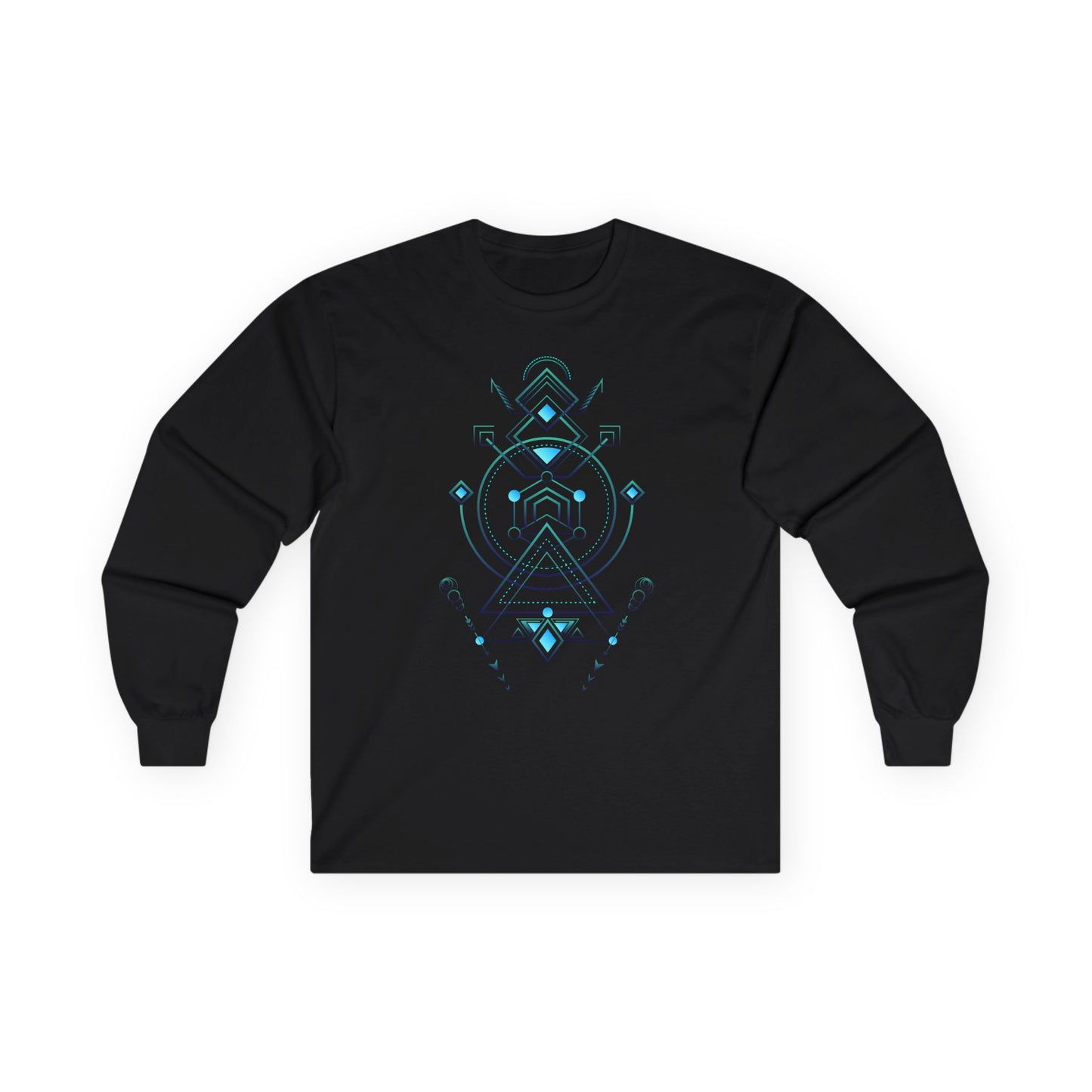 Black long-sleeve shirt with blue geometric design on a white background