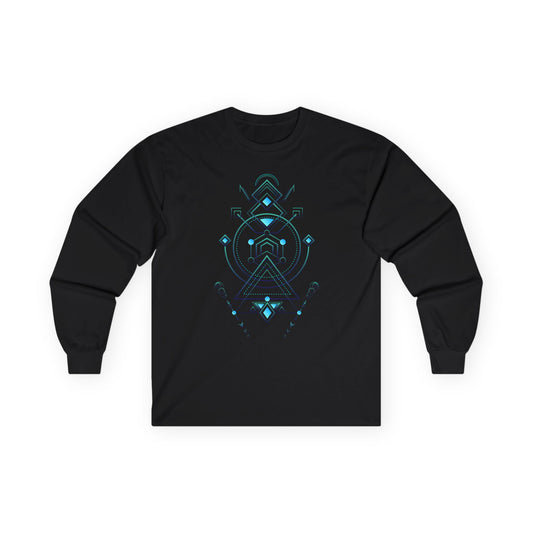 Black long-sleeve shirt with blue geometric design on a white background
