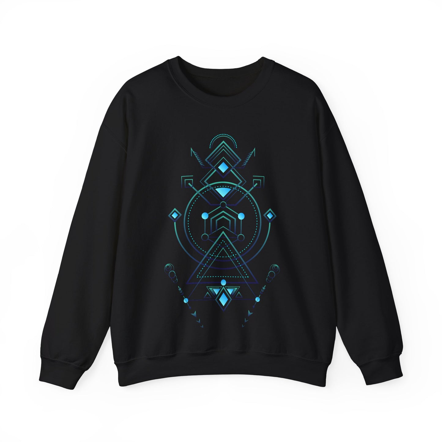 Black sweatshirt with blue geometric design on a white background