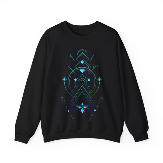 Black sweatshirt with blue geometric design on a white background