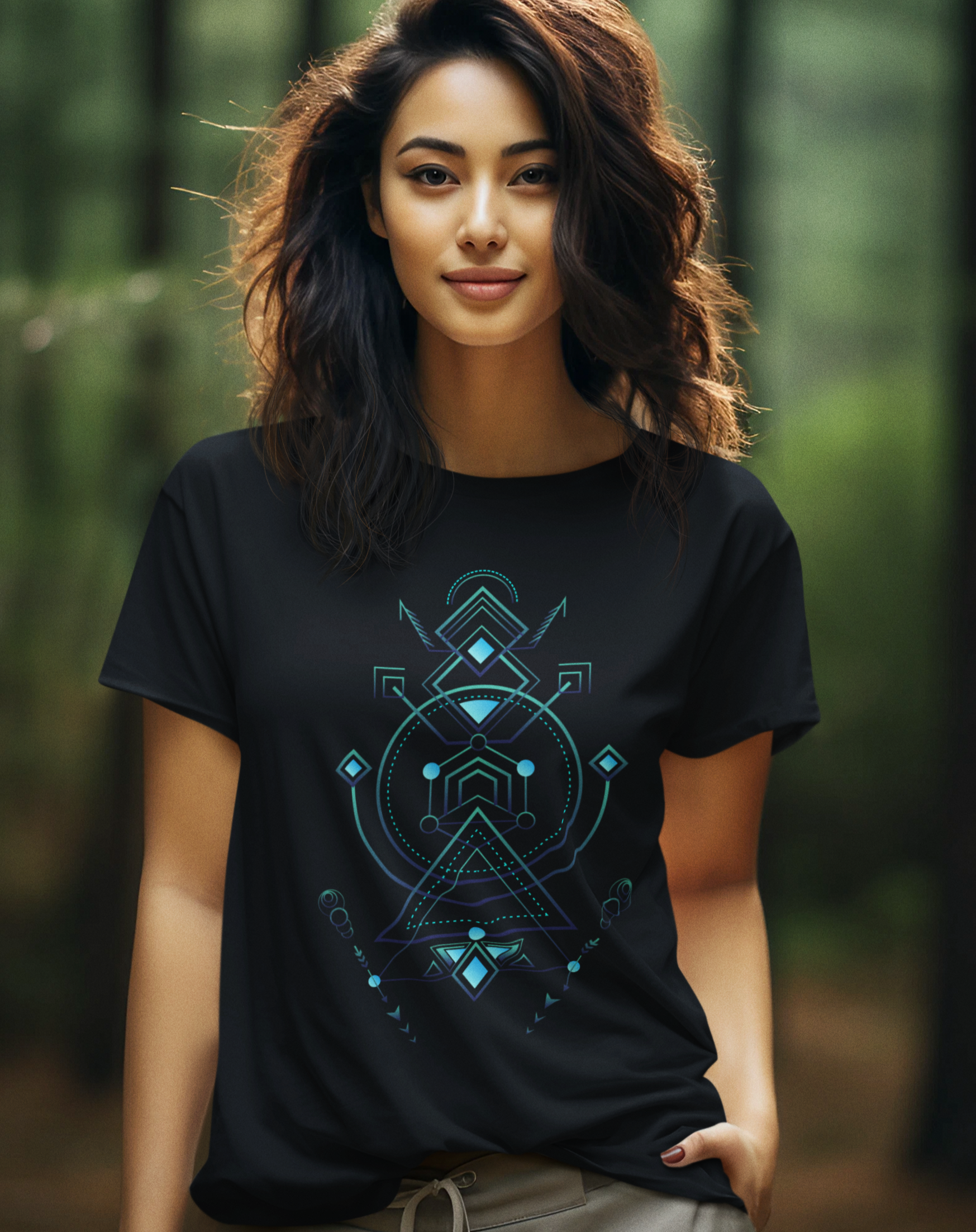 Woman wearing a black t-shirt with a blue geometric design in a forest setting