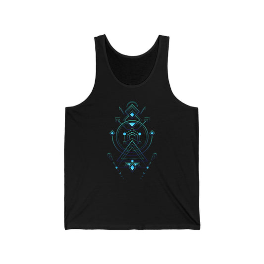 Black tank top with blue geometric design on a white background