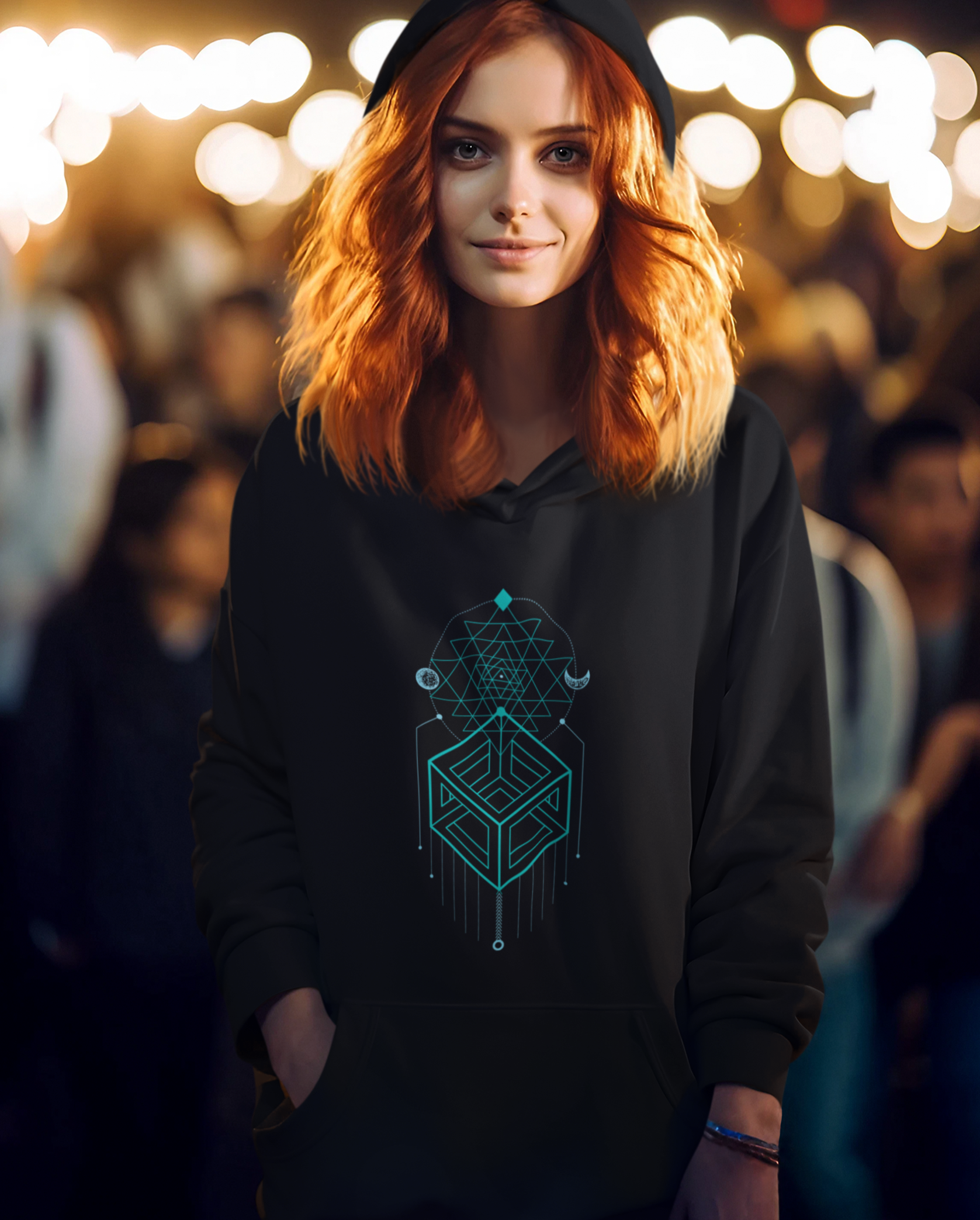 Person wearing a black t-shirt with a geometric design, standing outdoors.