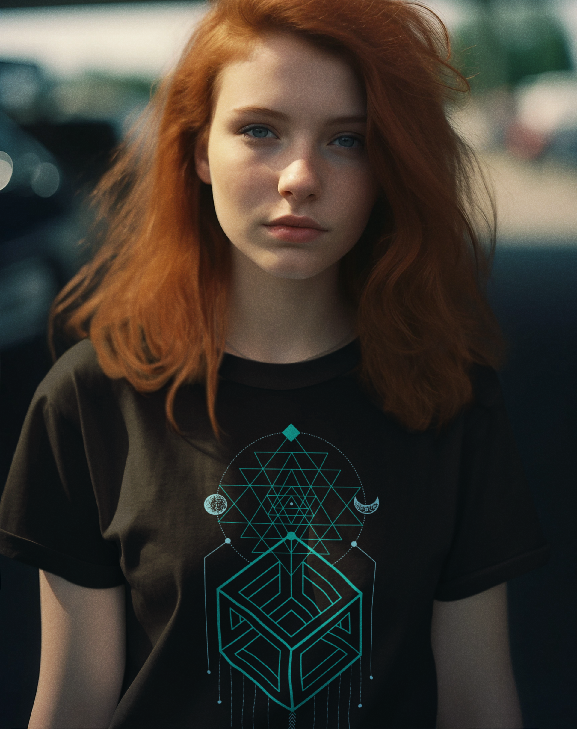 Person wearing a black t-shirt with a geometric design, standing outdoors.