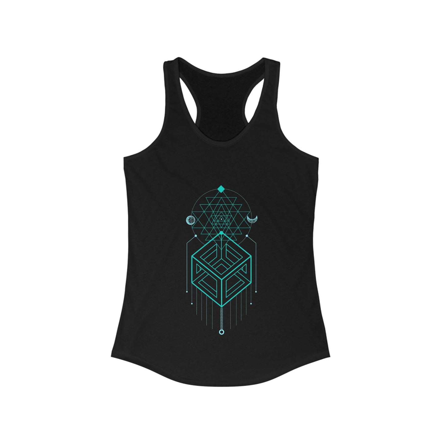 Black tank top with teal geometric design on a white background