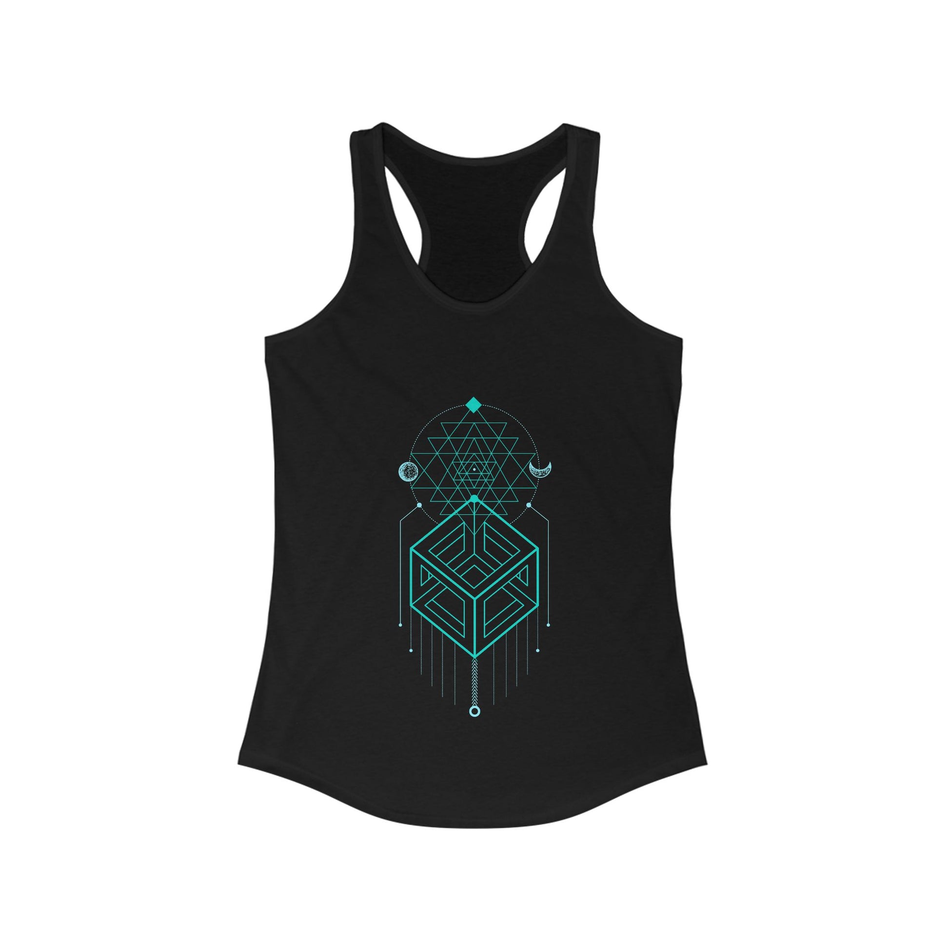 Black tank top with teal geometric design on a white background
