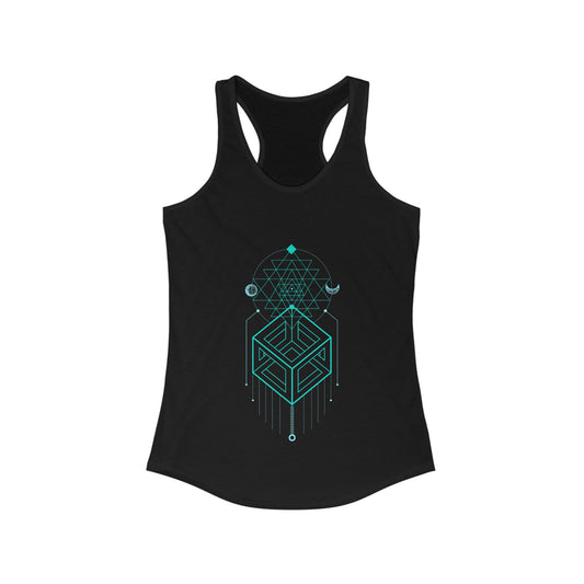 Black tank top with teal geometric design on a white background