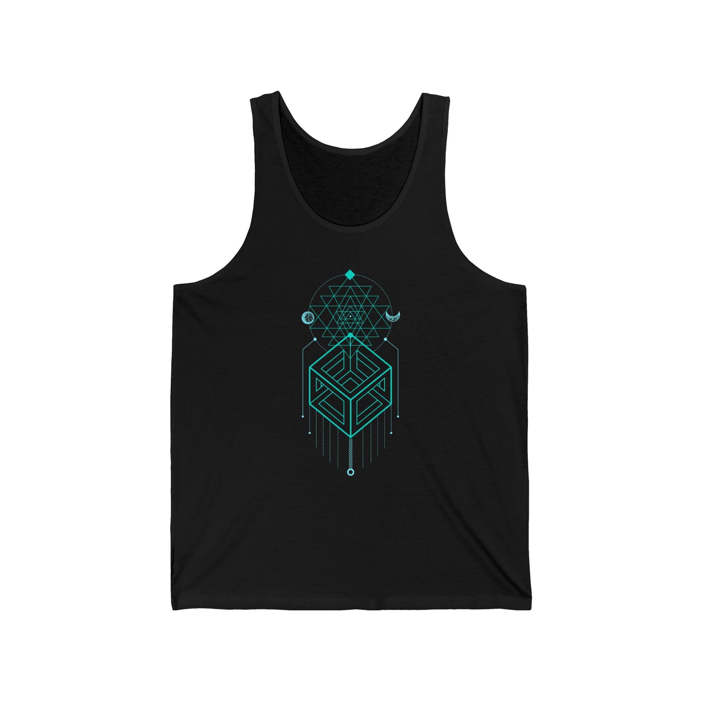 Black tank top with teal geometric design on a white background