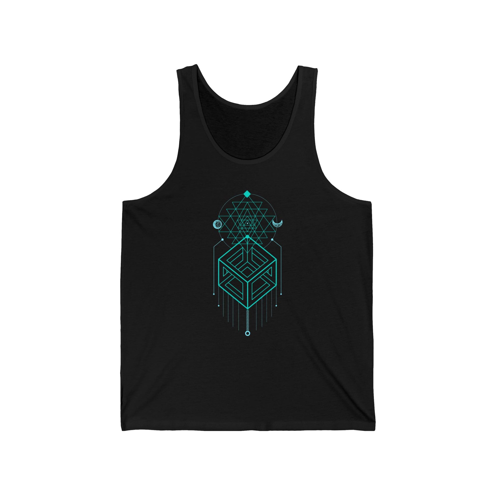Black tank top with teal geometric design on a white background