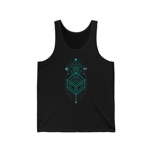Black tank top with teal geometric design on a white background