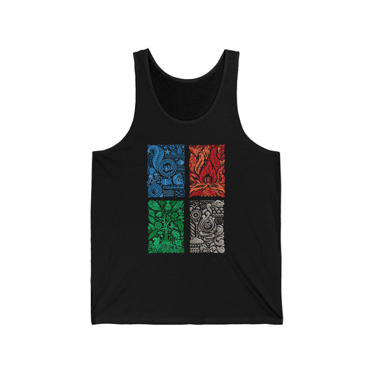 Black tank top with colorful graphic design on a white background