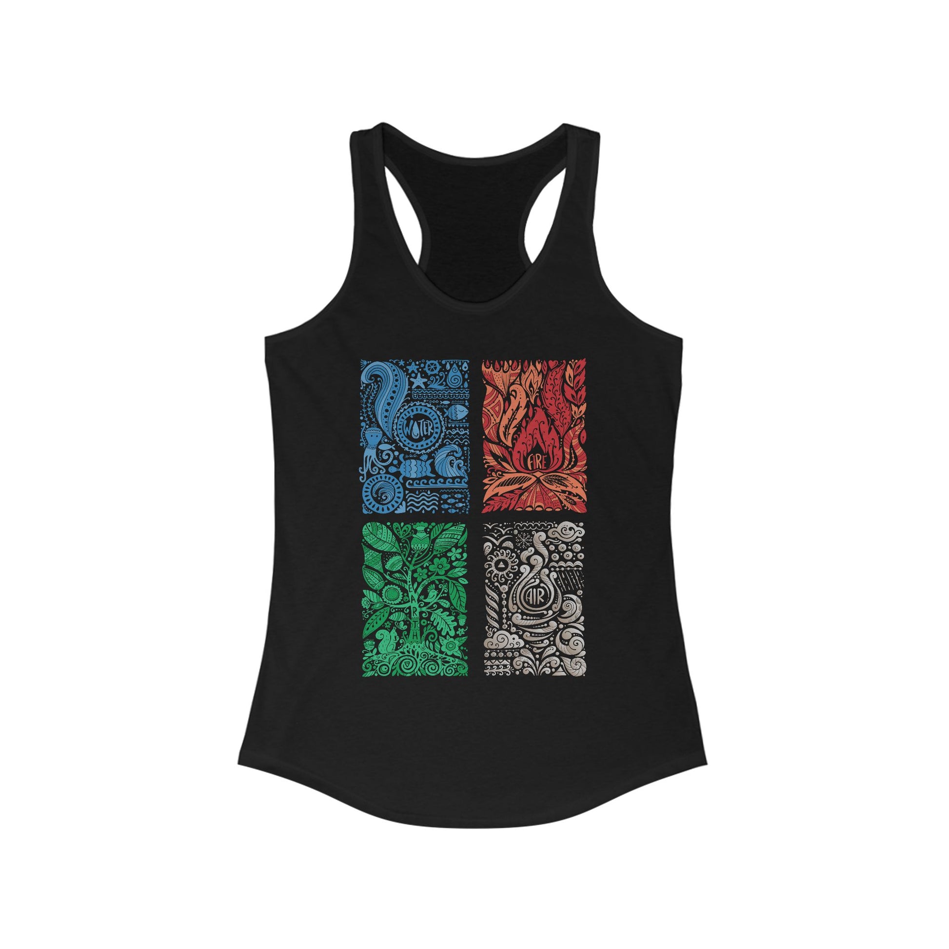 Black tank top with colorful graphic design on a white background