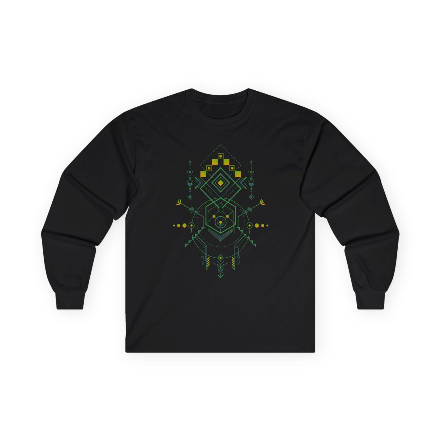 Black long-sleeve shirt with geometric bear design on a white background