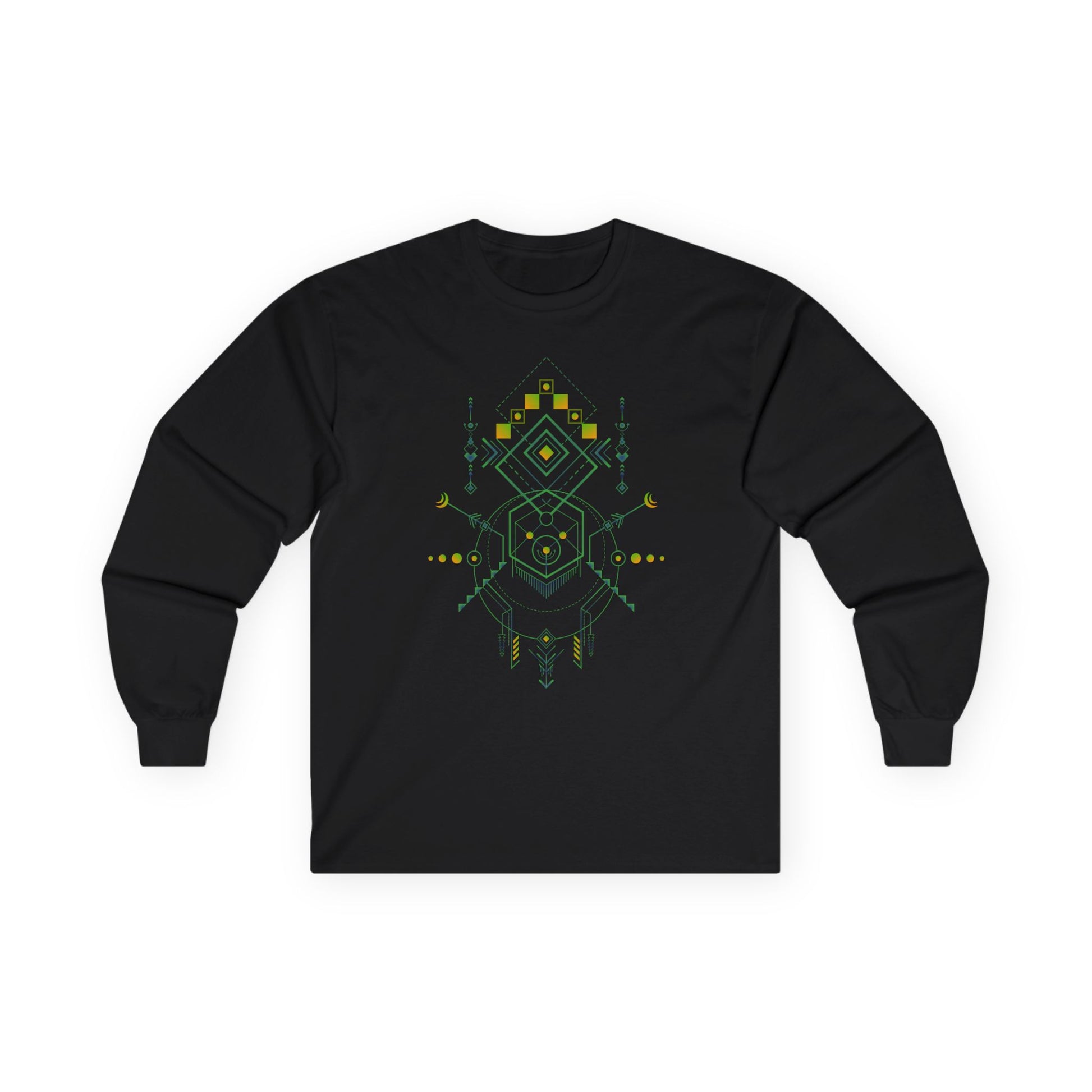 Black long-sleeve shirt with geometric bear design on a white background