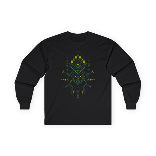 Black long-sleeve shirt with geometric bear design on a white background